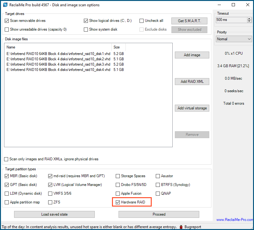 Recovering data from a Infortrend in ReclaiMe Pro - first screen.