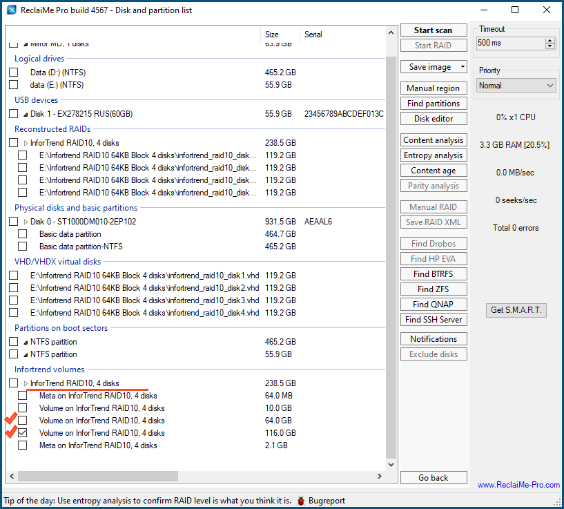 Recovering data from a Infortrend in ReclaiMe Pro - selecting Infortrend volume.